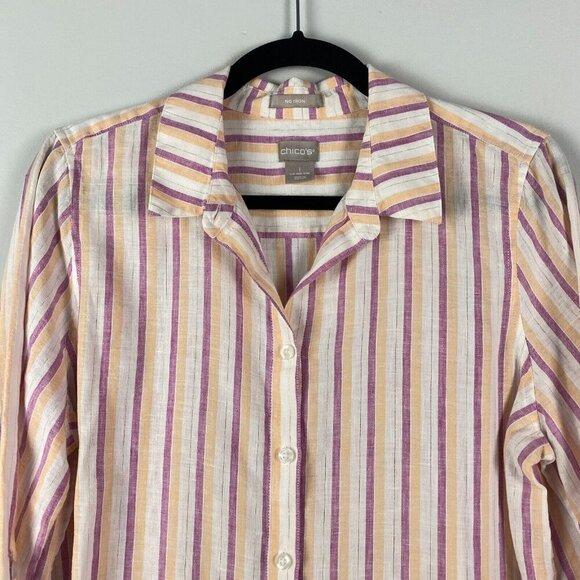 Chicos No-Iron Linen Metallic Striped Roll-Tab Shirt Size 1 US Medium - Picture 2 of 11